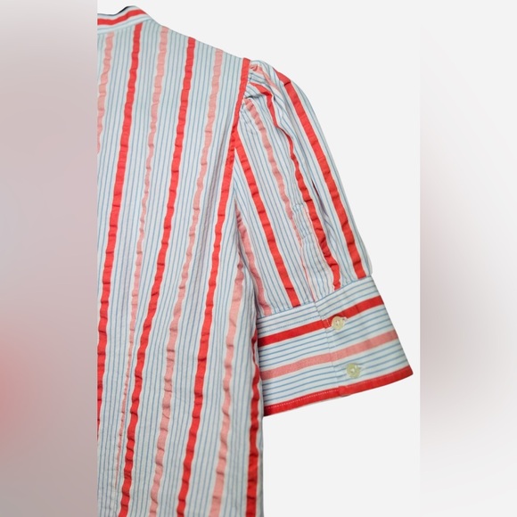 The Shirt by Rochelle Behrens Coral Blue Striped Button-Up Blouse Top Size Small - Picture 8 of 12